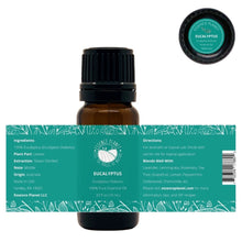 Load image into Gallery viewer, Essence Planet Eucalyptus Essential Oil 10 mL 0.33 fl in a brown amber glass bottle with euro dropper. Label shows product information, how to use, cautions