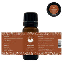 Load image into Gallery viewer, Essence Planet Cedarwood Essential Oil 10 mL 0.33 fl in a brown amber glass bottle with euro dropper. Label shows product information, how to use, cautions