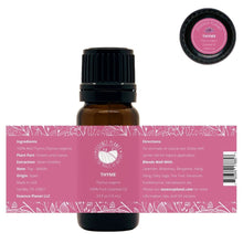 Load image into Gallery viewer, Essence Planet Thyme Essential Oil 10 mL 0.33 fl in a brown amber glass bottle with euro dropper. Label shows product information, how to use, cautions