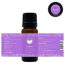 Load image into Gallery viewer, Essence Planet Lavender Essential Oil 10 mL 0.33 fl in a brown amber glass bottle with euro dropper. Label shows product information, how to use, cautions