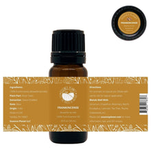 Load image into Gallery viewer, Essence Planet Frankincense Essential Oil 10 mL 0.33 fl in a brown amber glass bottle with euro dropper. Label shows product information, how to use, cautions