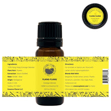 Load image into Gallery viewer, Essence Planet Ylang Ylang Essential Oil 10 mL 0.33 fl in a brown amber glass bottle with euro dropper. Label shows product information, how to use, cautions