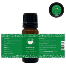 Load image into Gallery viewer, Bergamot Essential Oil FCF 10 mL 0.33 fl in brown amber glass bottle with euro dropper. Label shows product information, how to use, cautions