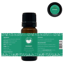 Load image into Gallery viewer, Essence Planet Rosemary Essential Oil 10 mL 0.33 fl in a brown amber glass bottle with euro dropper. Label shows product information, how to use, cautions