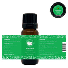 Load image into Gallery viewer, Essence Planet Peppermint Essential Oil 10 mL 0.33 fl in a brown amber glass bottle with euro dropper. Label shows product information, how to use, cautions
