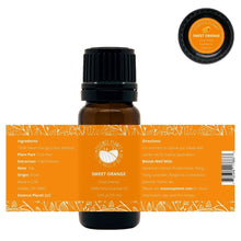 Load image into Gallery viewer, Essence Planet Sweet Orange Essential Oil 10 mL 0.33 fl in a brown amber glass bottle with euro dropper. Label shows product information, how to use, cautions
