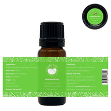 Load image into Gallery viewer, Essence Planet Lemongrass Essential Oil 10 mL 0.33 fl in a brown amber glass bottle with euro dropper. Label shows product information, how to use, cautions
