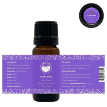 Load image into Gallery viewer, Essence Planet Clary Sage Essential Oil 10 mL 0.33 fl in a brown amber glass bottle with euro dropper. Label shows product information, how to use, cautions
