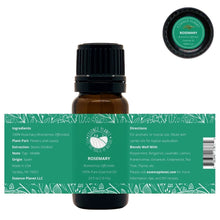 Load image into Gallery viewer, Essence Planet Rosemary Essential Oil 10 mL 0.33 fl in a brown amber glass bottle with euro dropper. Label shows product information, how to use, cautions
