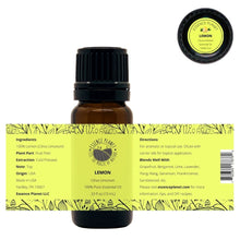 Load image into Gallery viewer, Essence Planet Lemon Essential Oil 10 mL 0.33 fl in a brown amber glass bottle with euro dropper. Label shows product information, how to use, cautions
