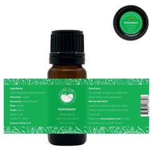 Load image into Gallery viewer, Essence Planet Peppermint Essential Oil 10 mL 0.33 fl in a brown amber glass bottle with euro dropper. Label shows product information, how to use, cautions
