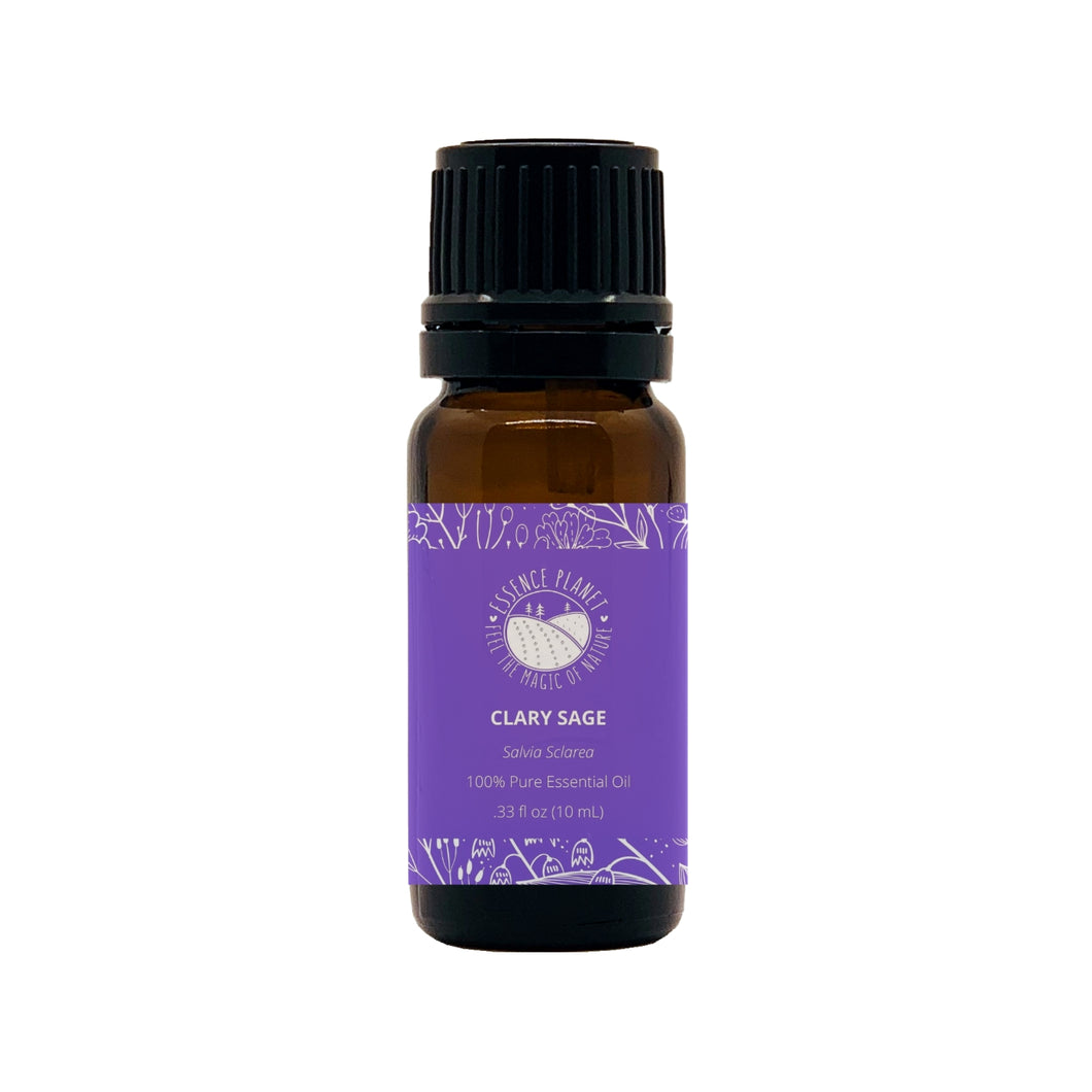 Essence Planet Clary Sage Essential Oil 10 mL 0.33 fl in a brown amber glass bottle with euro dropper