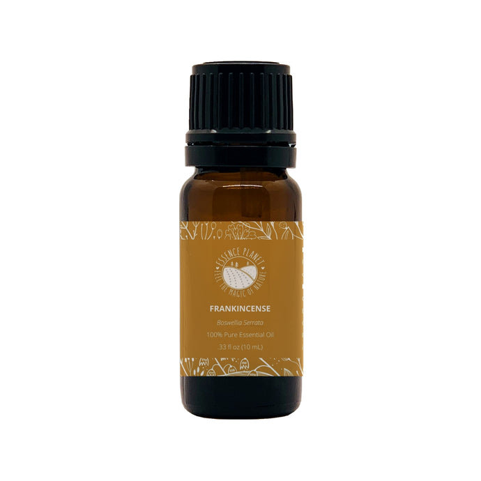 Essence Planet Frankincense Essential Oil 10 mL 0.33 fl in a brown amber glass bottle with euro dropper