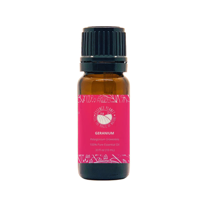 Essence Planet Geranium Essential Oil 10 mL 0.33 fl in a brown amber glass bottle with euro dropper