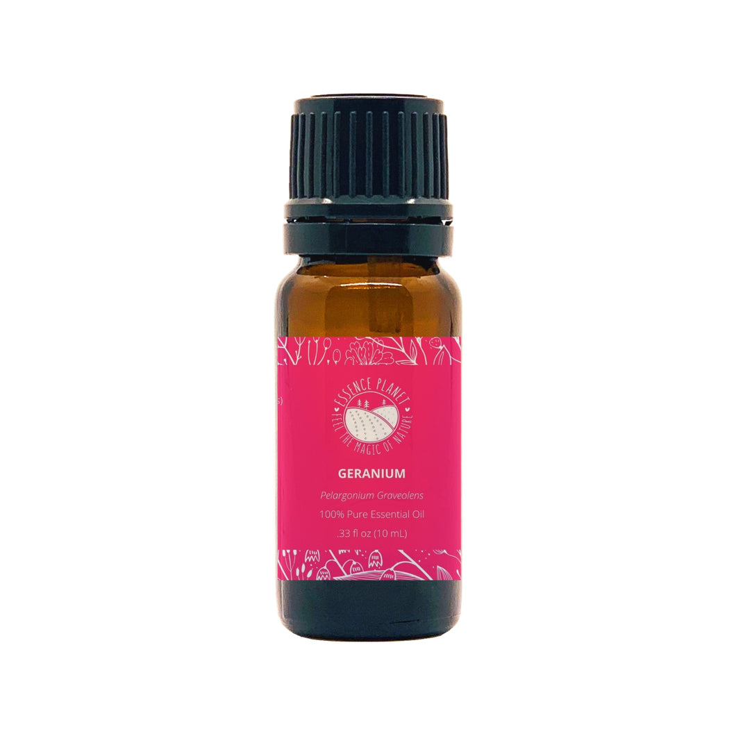 Essence Planet Geranium Essential Oil 10 mL 0.33 fl in a brown amber glass bottle with euro dropper