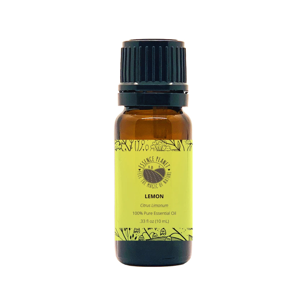 Essence Planet Lemon Essential Oil 10 mL 0.33 fl in a brown amber glass bottle with euro dropper