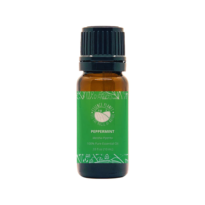 Essence Planet Peppermint Essential Oil 10 mL 0.33 fl in a brown amber glass bottle with euro dropper