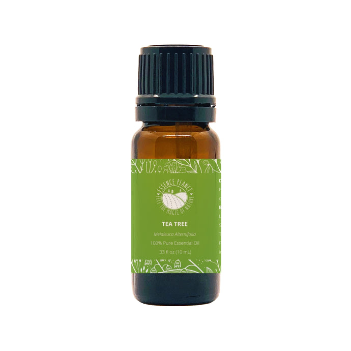Essence Planet Tea Tree Essential Oil 10 mL 0.33 fl in a brown amber glass bottle with euro dropper